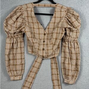 Ashlyn Womens Cropped Brown Cream Plaid Puff Sleeve Button NWT